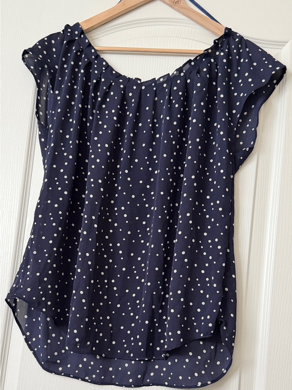 LC Lauren Conrad Polka Dot Blouse Women L Navy Blue White Tie Neck Short Sleeve
